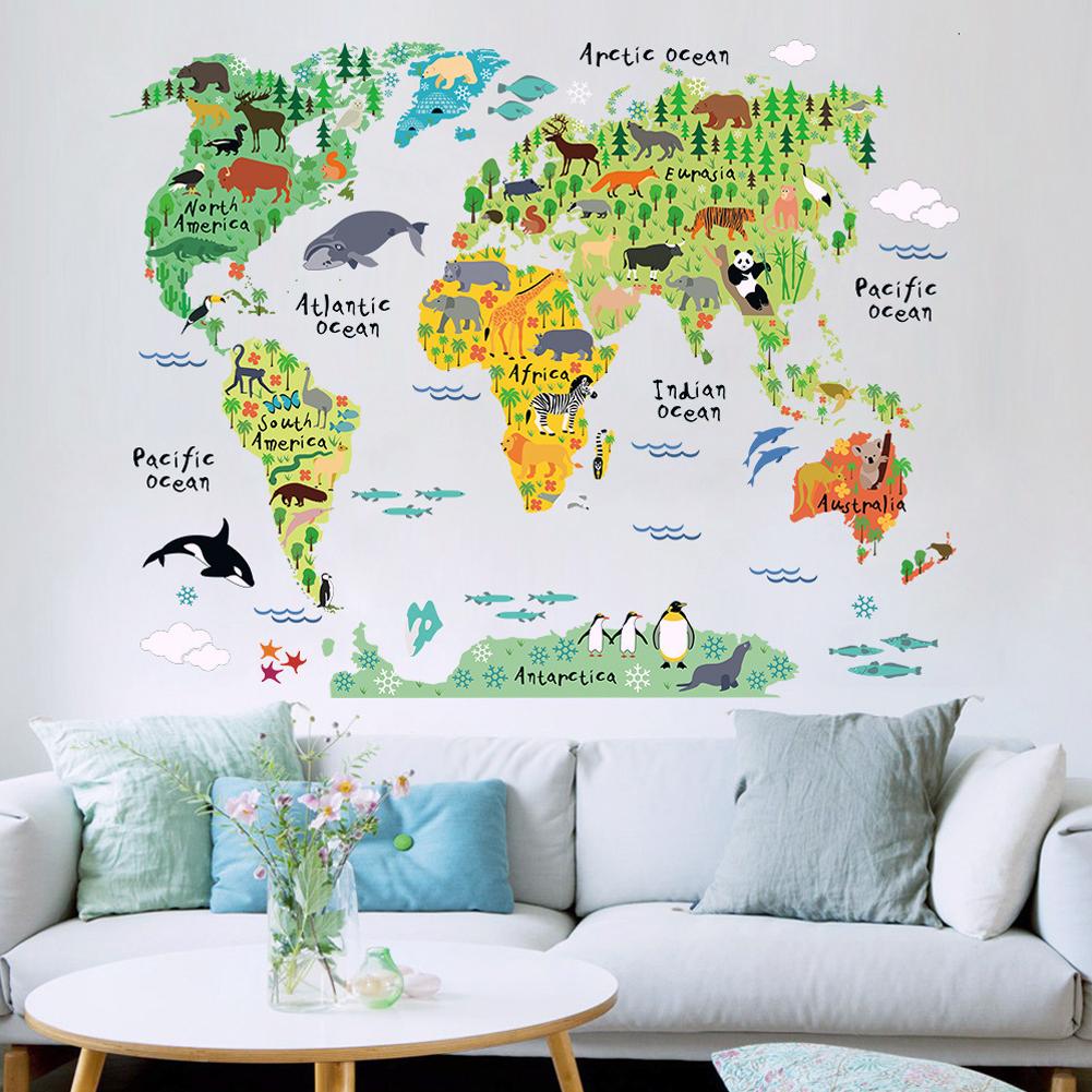 PVC Mural Wallpaper Animal World Map Wall Stickers Decal for Home